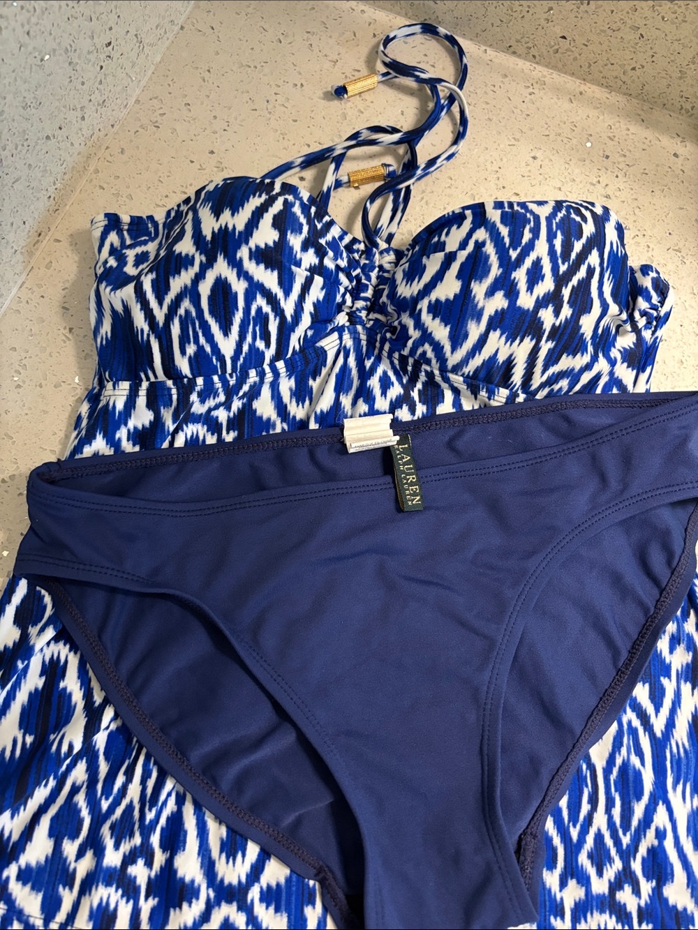 Lauren Ralph Lauren Blue & White Ikat One-Piece Swimdress with Navy Bottom